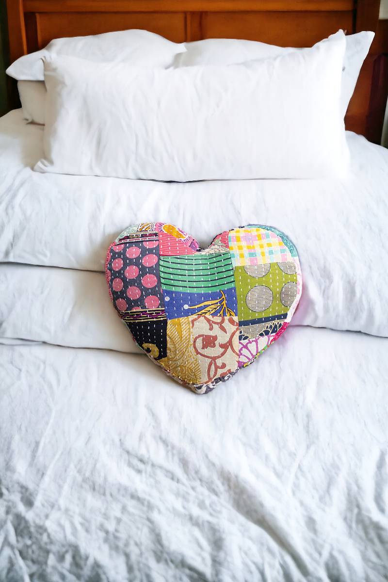 Heart-Shaped Kantha Pillow