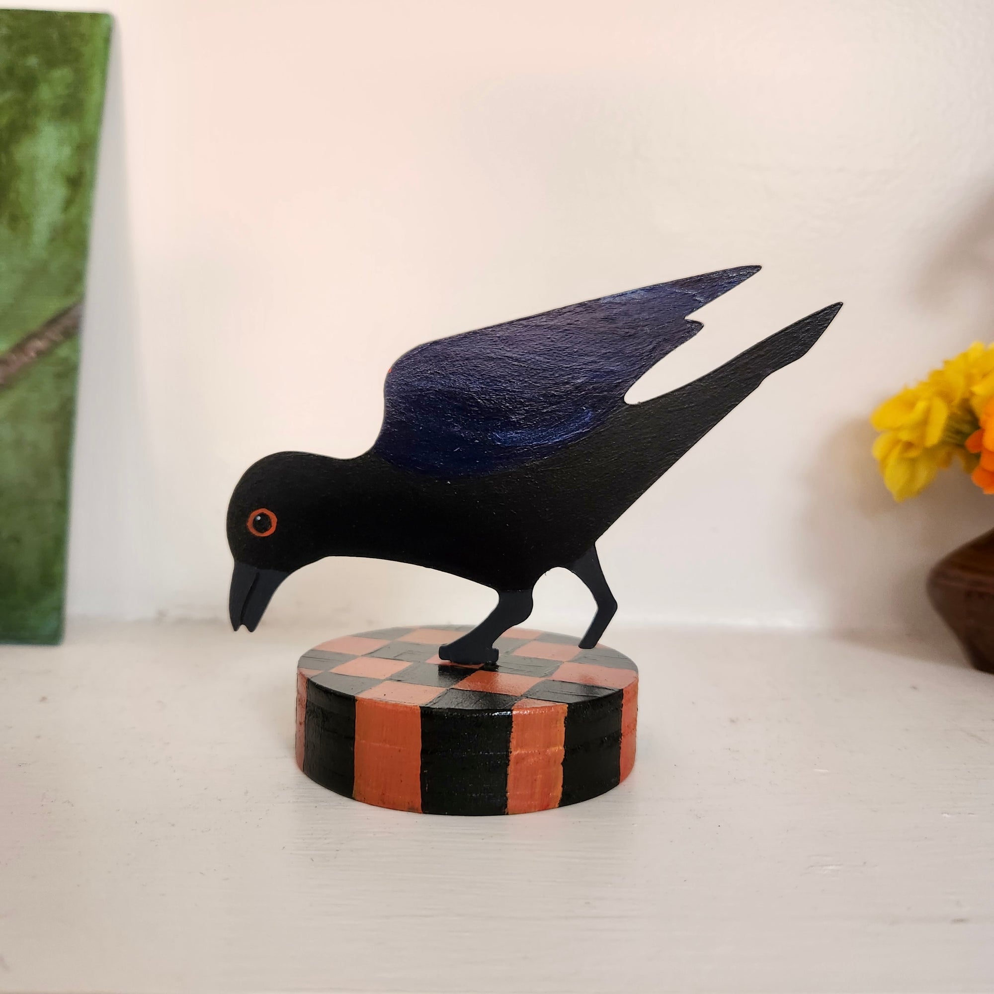 Crow Table Topper with Checkered Base