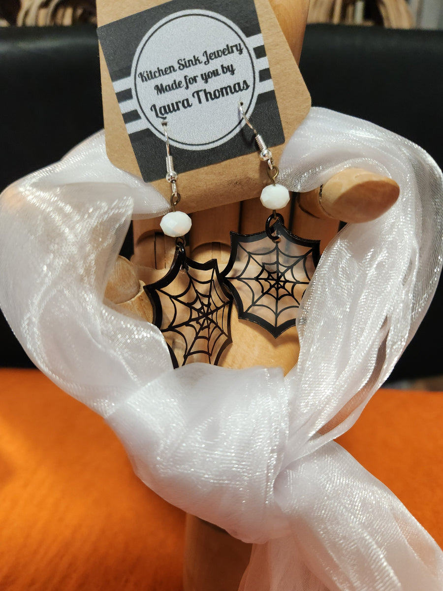 Halloween Spooky Earrings Sets - Ghostie White Scarf & Spider Webs