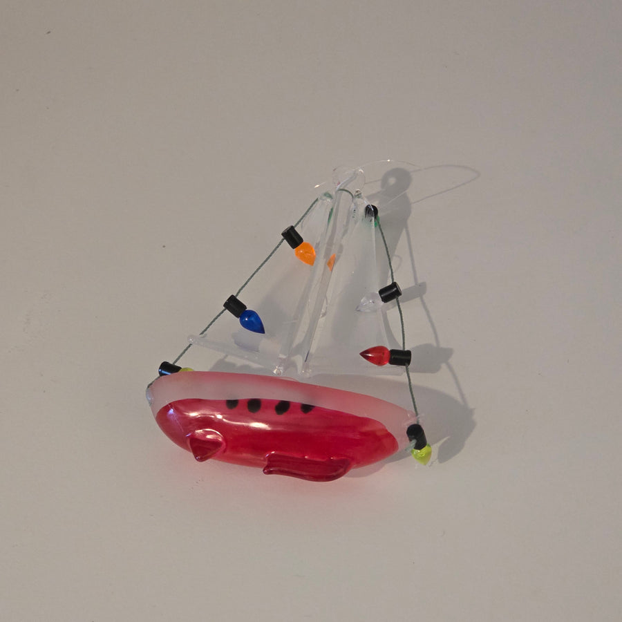 Christmas Sailboat With Lights - Glass Ornament