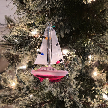 Christmas Sailboat With Lights - Glass Ornament