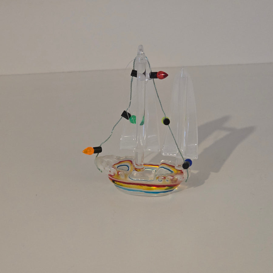 Christmas Sailboat With Lights - Glass Ornament