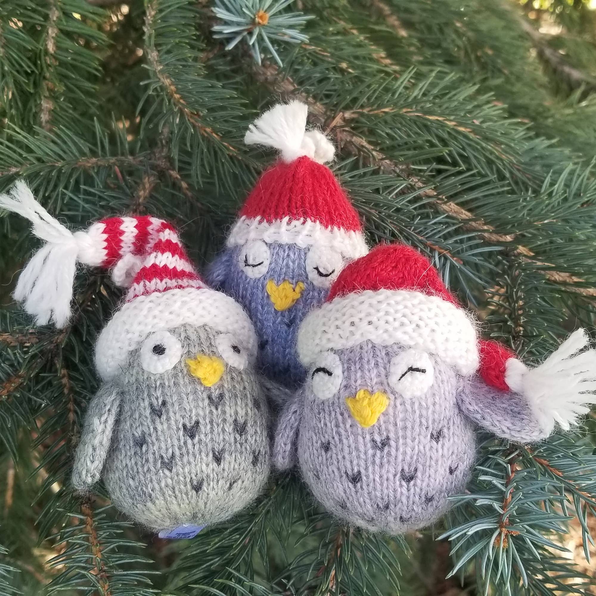 Hand-knit Owls with Hats Ornament