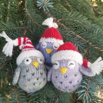 Hand-knit Owls with Hats Ornament