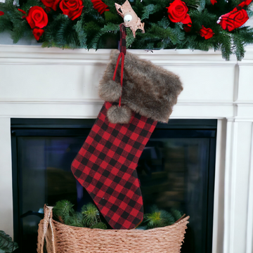 Christmas Buffalo Check Faux Furn Trimmed Stocking
