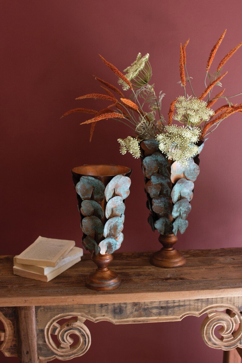 Copper Patina Finish Metal Leaf Vase (2 sizes)