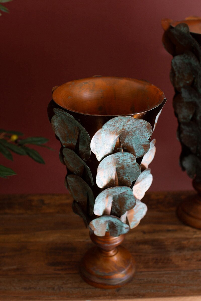 Copper Patina Finish Metal Leaf Vase (2 sizes)