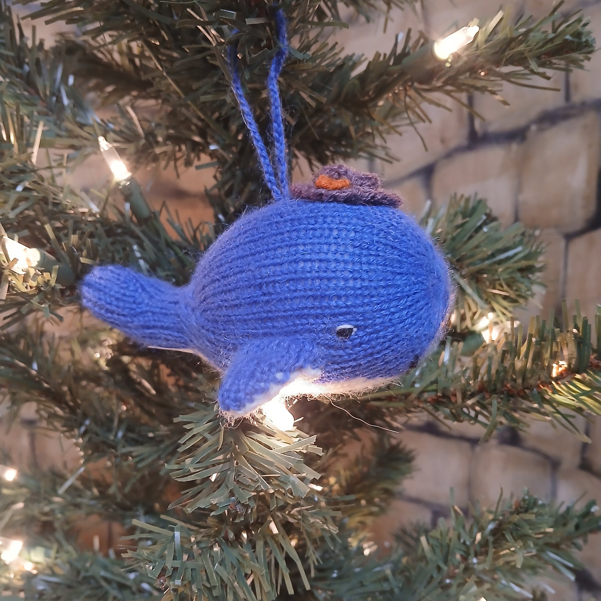 Hand-knit Blue Whale Ornament
