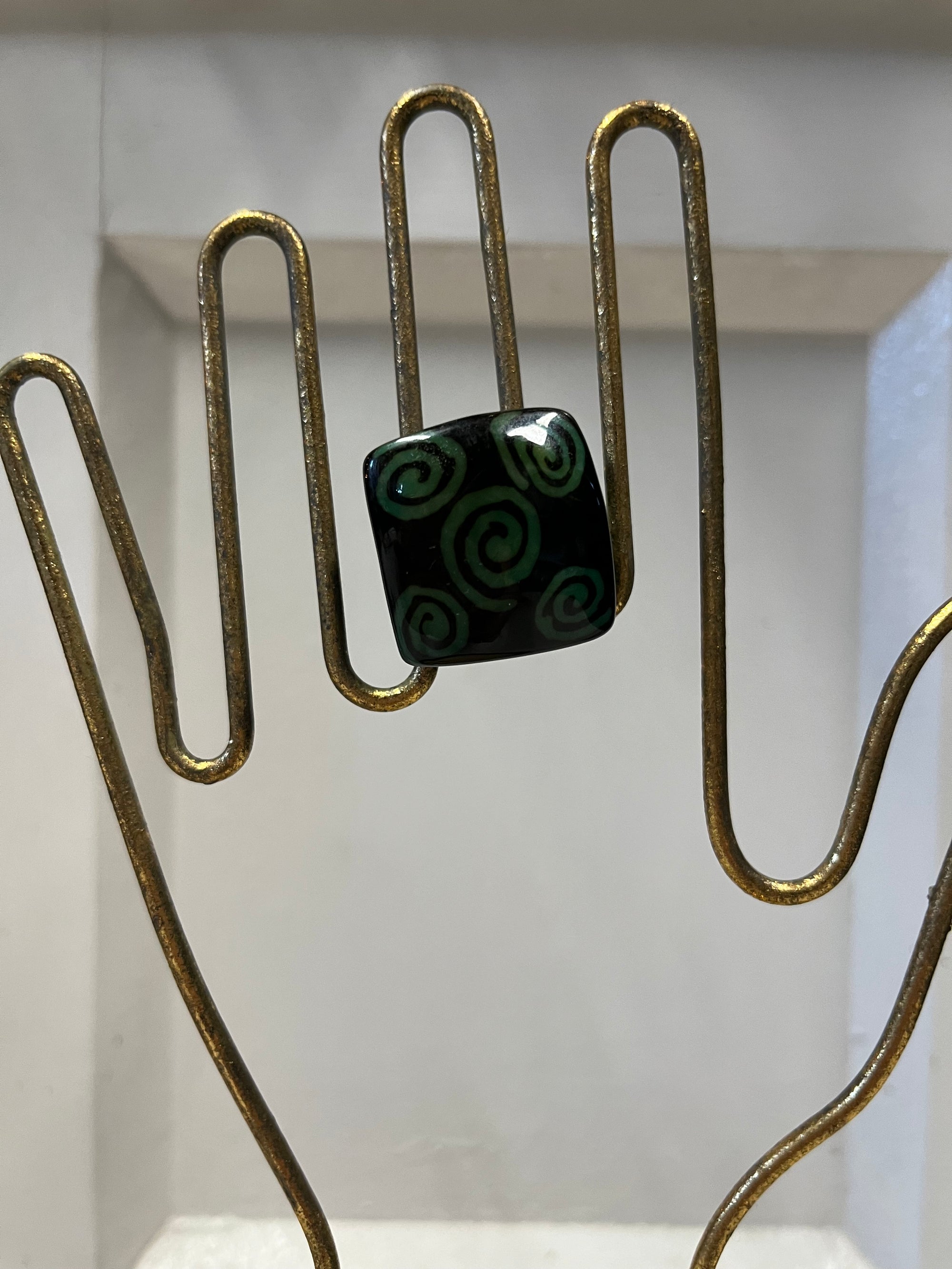 Hand Carved and Painted Tagua Nut Ring - Green Swirls