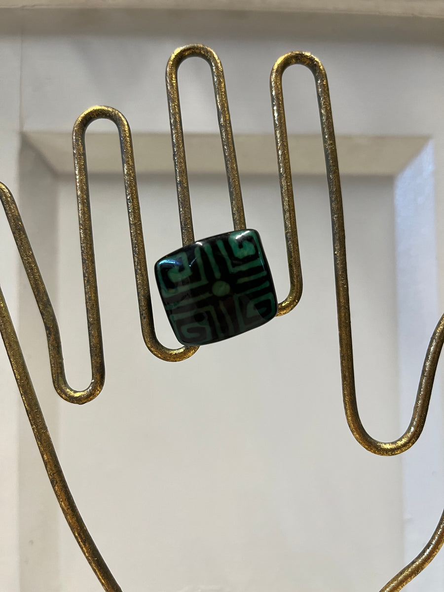 Hand Carved and Painted Tagua Nut Ring - Green Squares