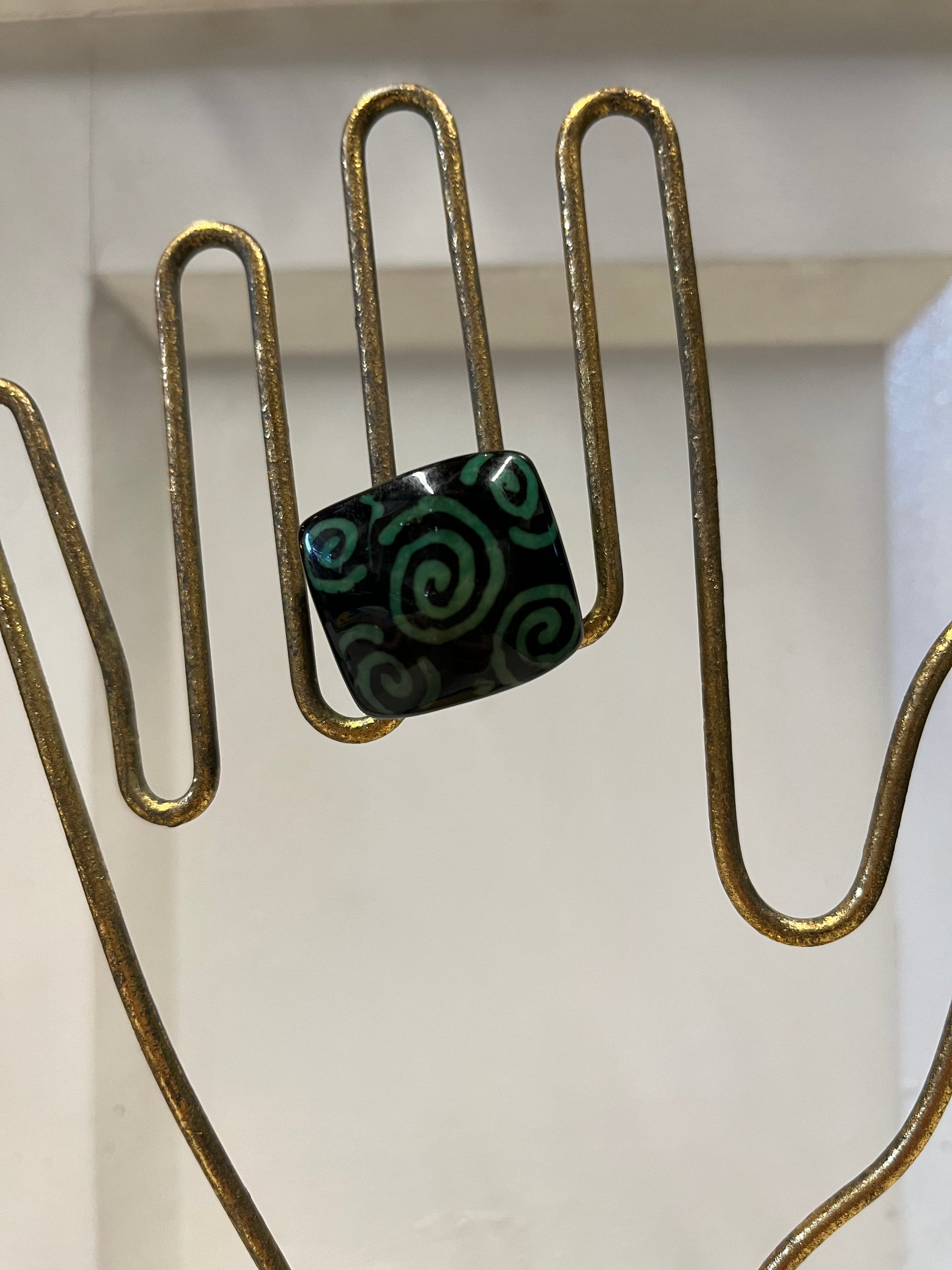 Hand Carved and Painted Tagua Nut Ring - Green Spirals