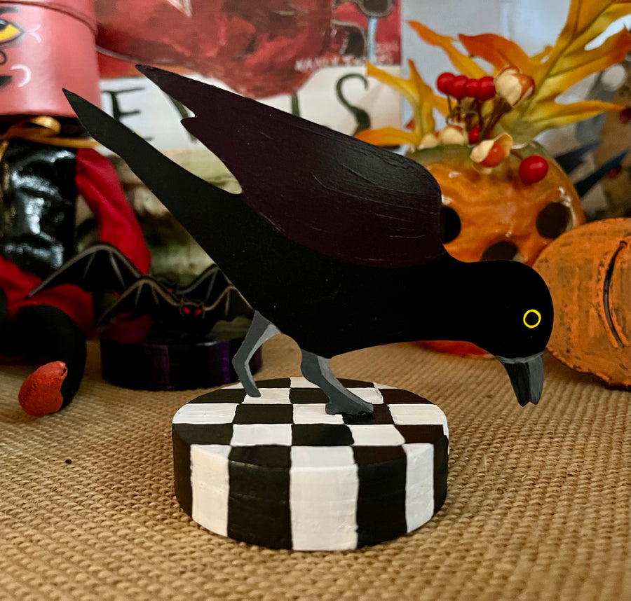 Crow Table Topper with Checkered Base