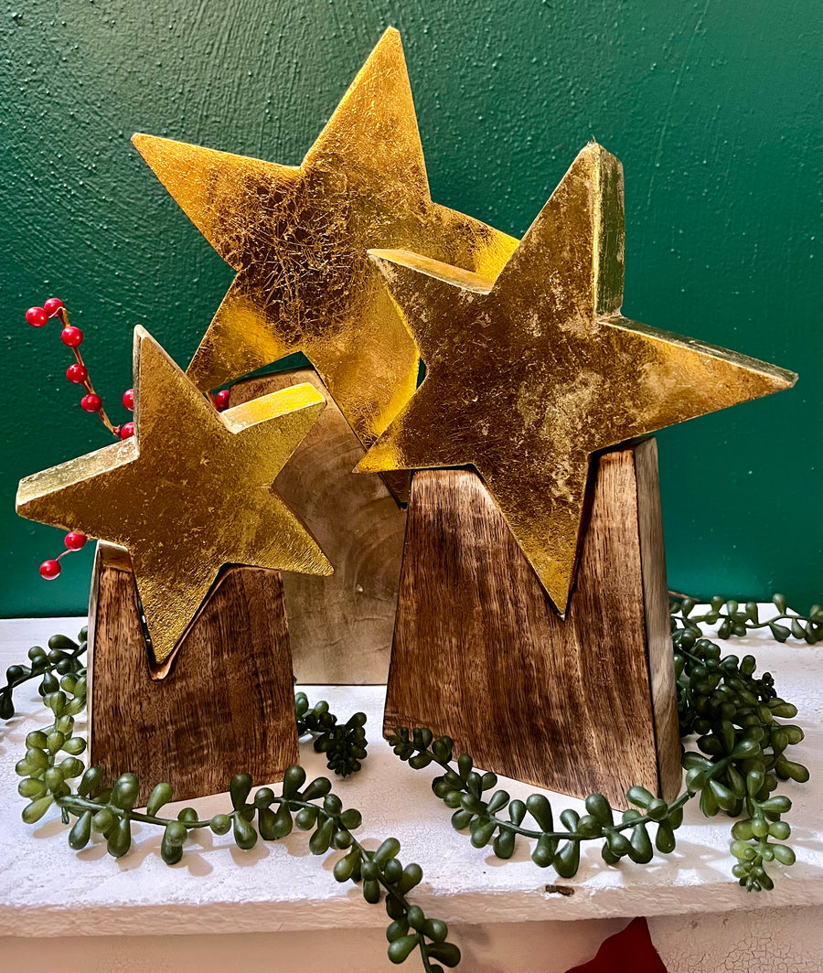 Wooden Gold Stars on Wooden Base