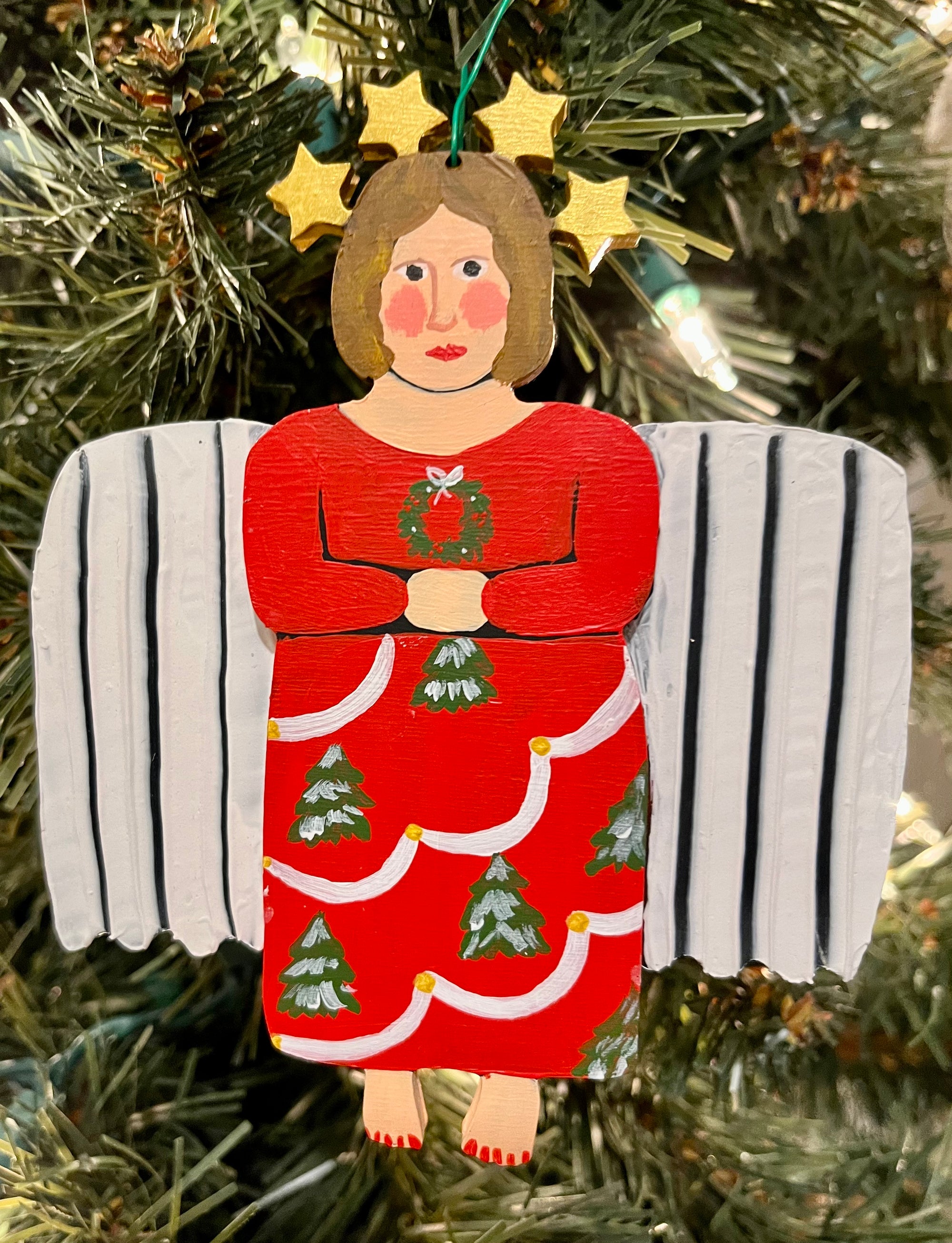 Hand Painted Angel - Red Dress with Christmas Trees
