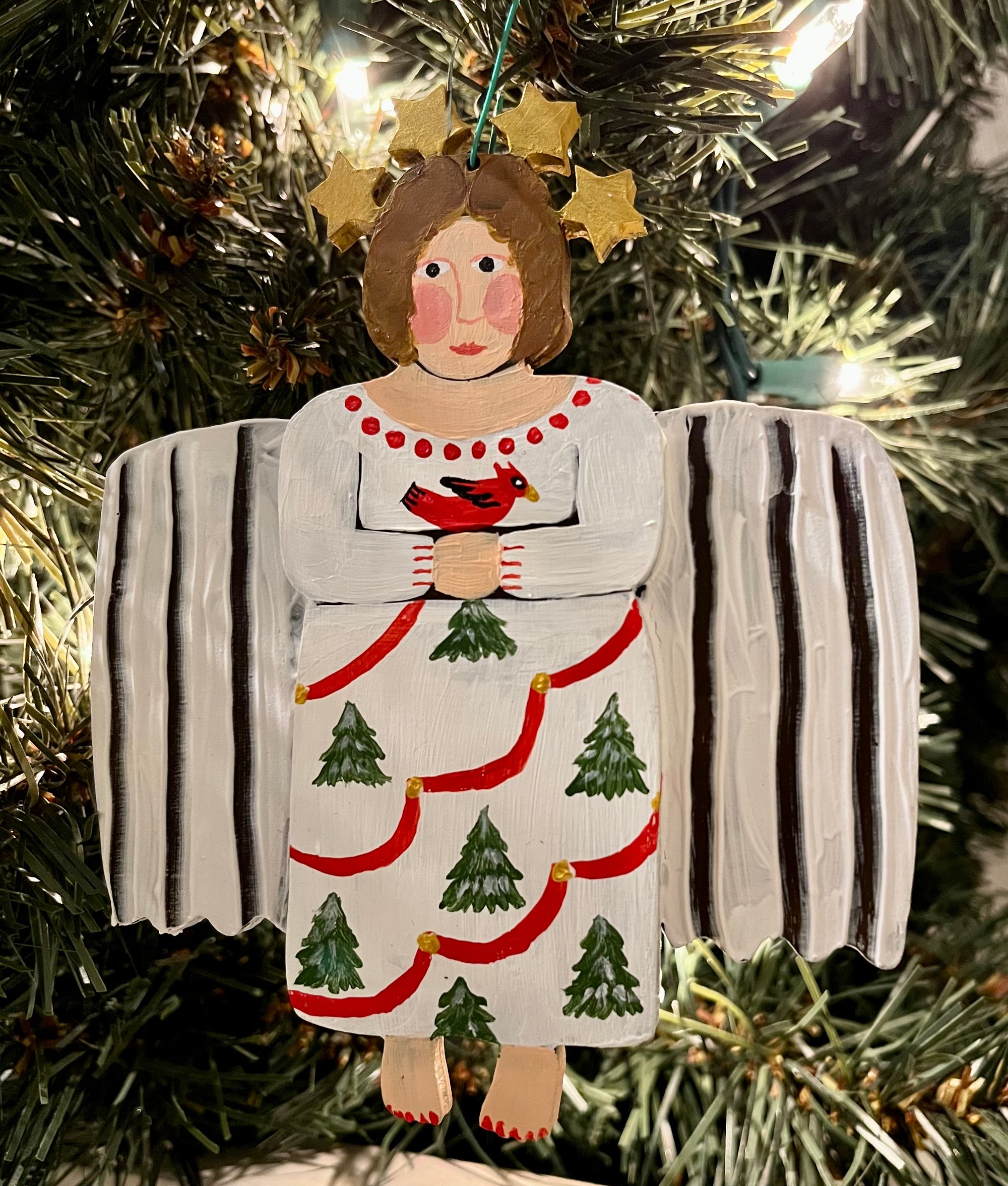 Hand Painted Angel - White Dress with Christmas Trees