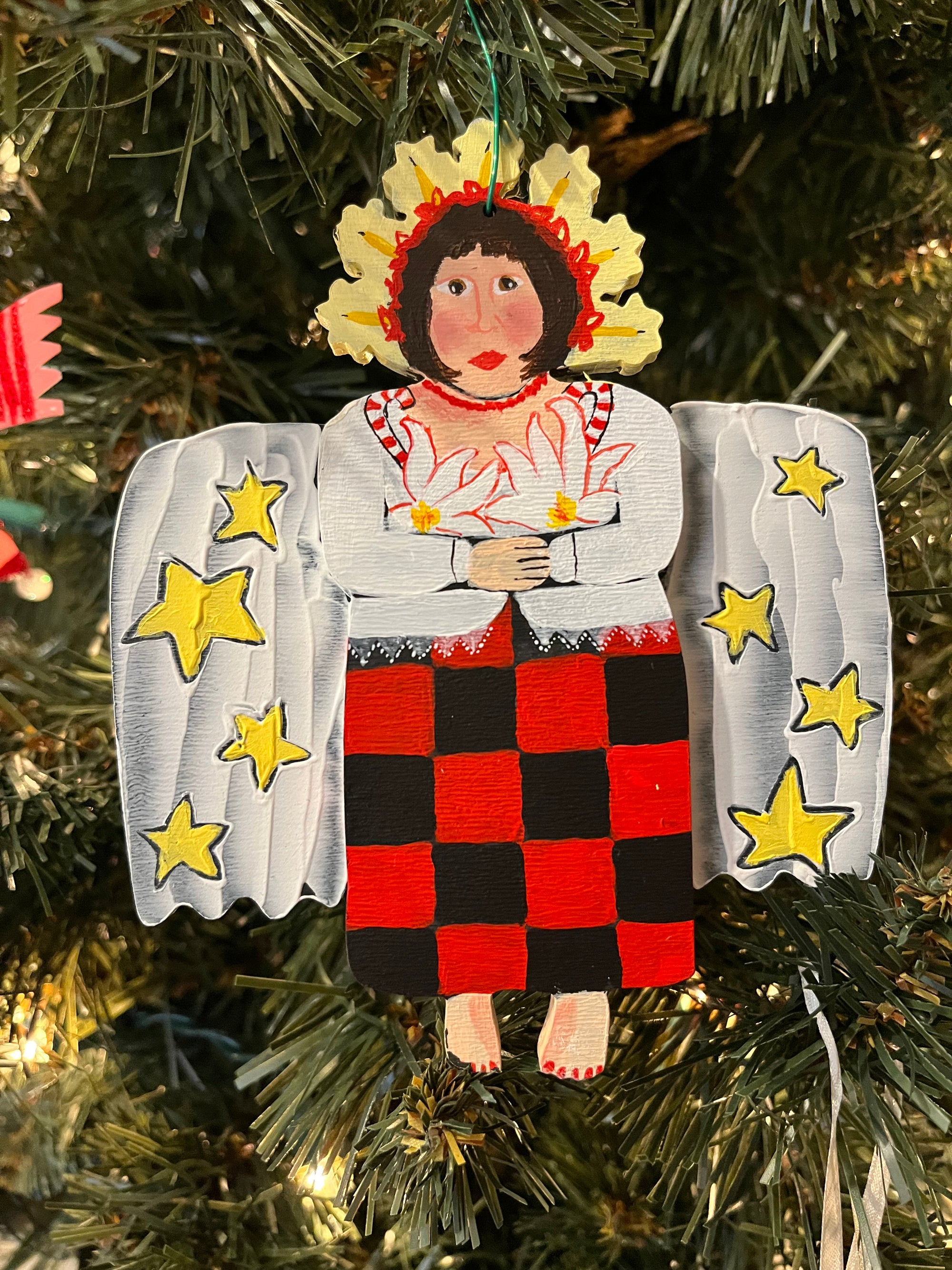 Hand Painted Angel - Red and Black Checkered Dress